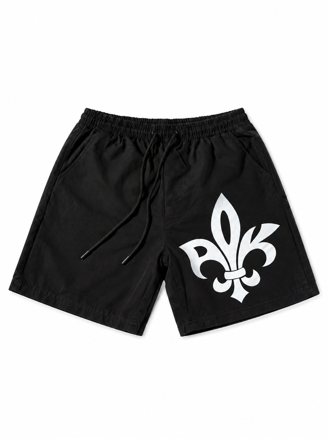 Black swim shorts with white PositiveKaos emblem