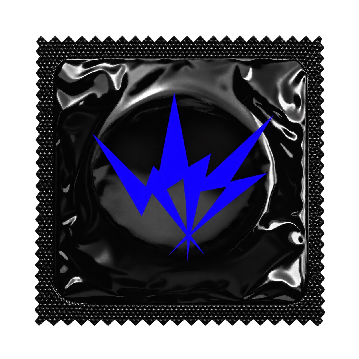 Black PositiveKaos condom wrapper with electric blue emblem